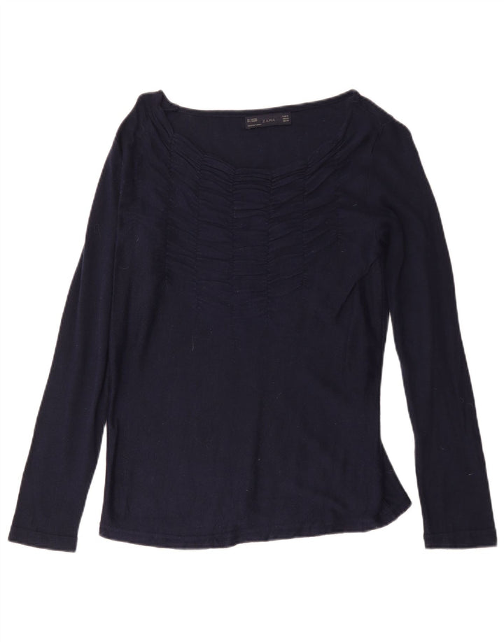Top feminino Zara manga comprida UK 12 algodão azul marinho médio