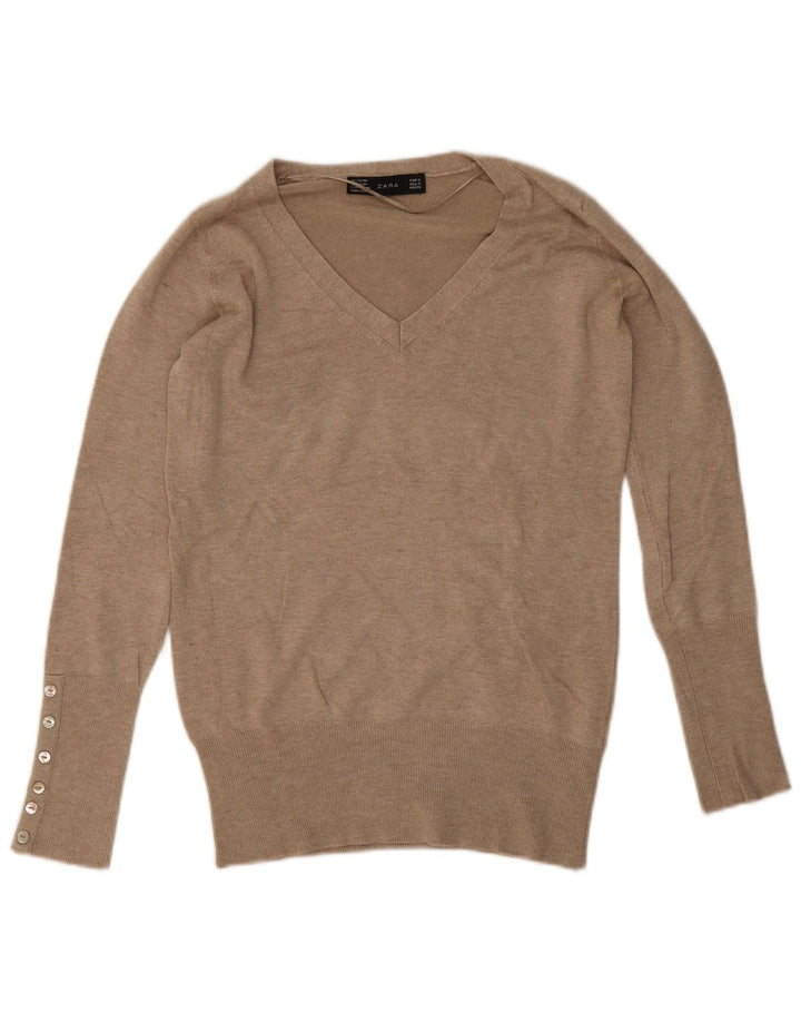 Suéter feminino Zara com decote em V Reino Unido 10 pequeno rayon bege