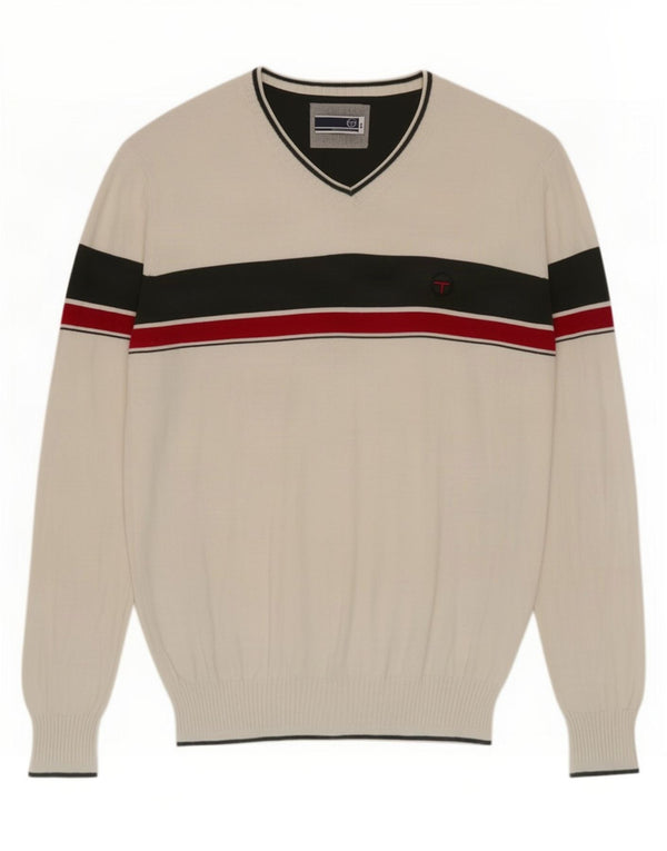 Suéter masculino Sergio Tacchini com decote em V 2XL algodão colorblock branco