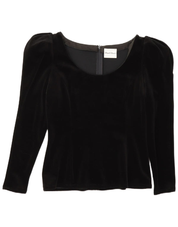 Blusa feminina de veludo de manga comprida Frank Usher Top Reino Unido 10 pequeno acetato preto