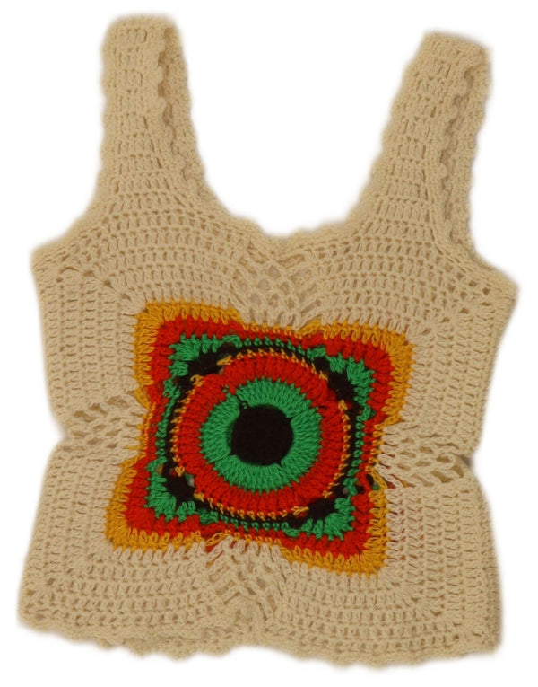 Top feminino vintage de crochê sem mangas UK 4 XS off white geométrico