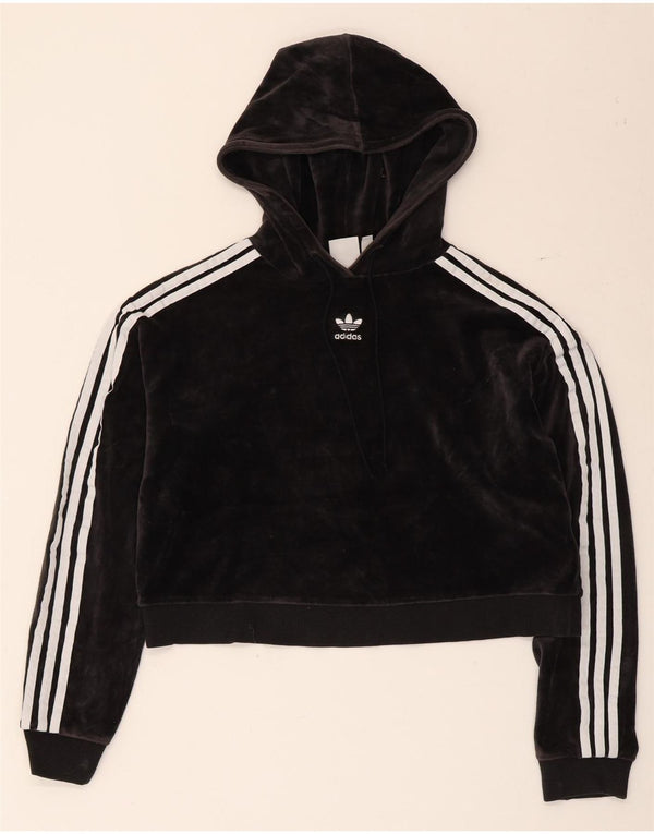 Adidas Womens Oversized Crop Velvet Hoodie Jumper UK 4 XS Algodão Preto