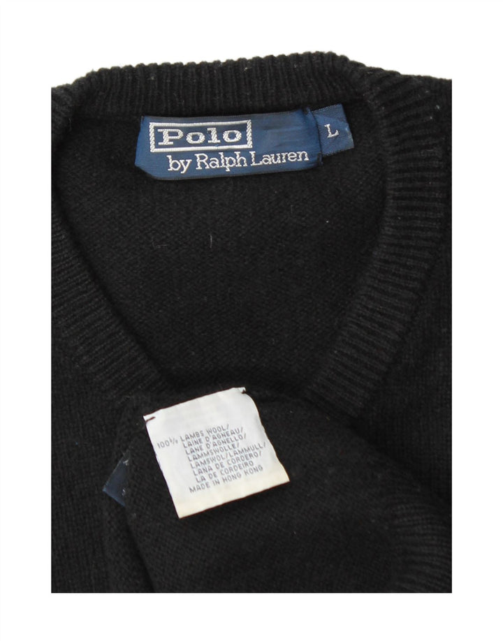 Polo Ralph Lauren Suéter masculino com decote em V grande lã de carneiro preta