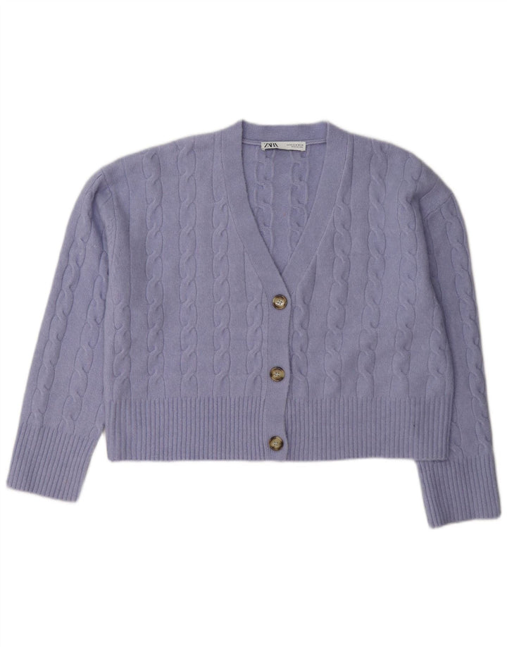 Zara Womens Crop Cardigan Sweater UK 14 Médio Roxo Poliéster