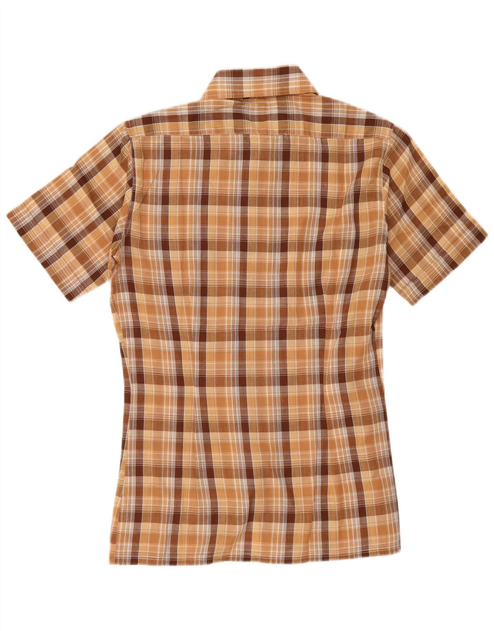Camisa masculina vintage de manga curta pequena em poliéster xadrez marrom