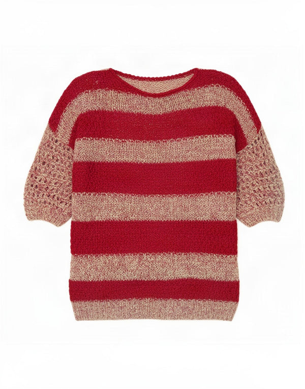 Suéter feminino vintage transparente com gola redonda Reino Unido 16 listrado vermelho grande
