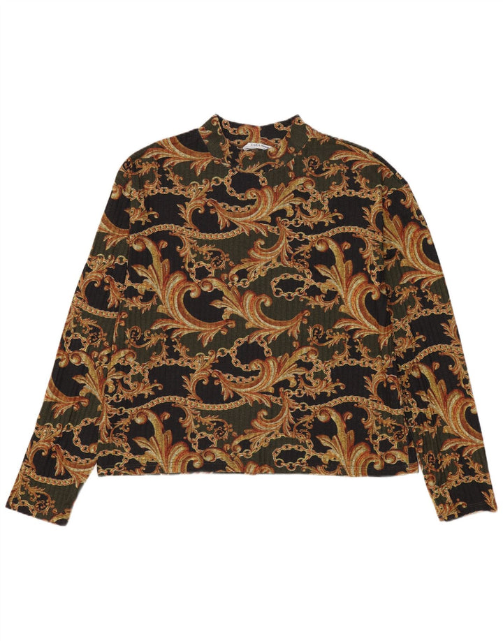 Blusa feminina de manga comprida Zara UK 14 poliéster cáqui médio paisley