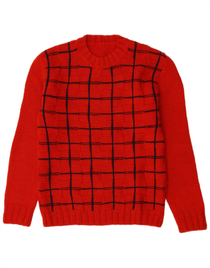 Suéter feminino vintage com gola redonda Reino Unido 16 xadrez vermelho grande