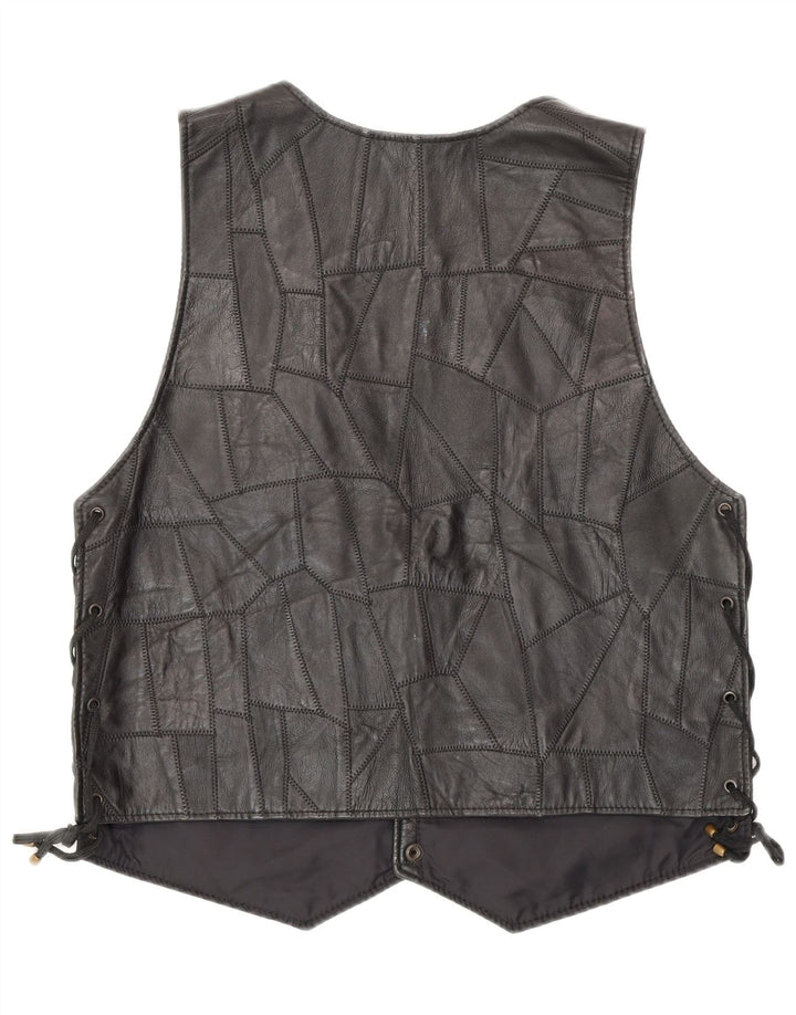 Colete de couro feminino vintage 2XL preto patchwork motociclista