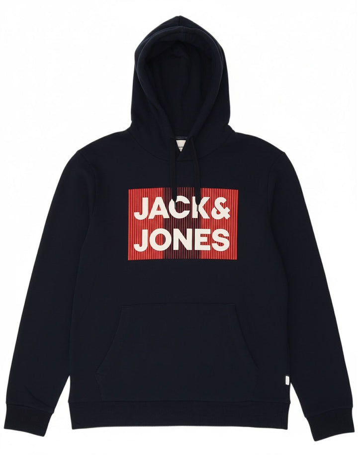 JACK & JONES Mens Graphic Hoodie Jumper Medium Navy Blue Cotton Vintage Jack & Jones and Second-Hand Jack & Jones from Messina Hembry 