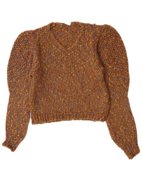 Suéter feminino Zara com decote em V Reino Unido 14 acrílico manchado marrom médio