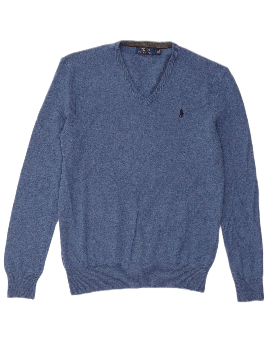 Suéter masculino Polo Ralph Lauren com decote em V de lã azul médio
