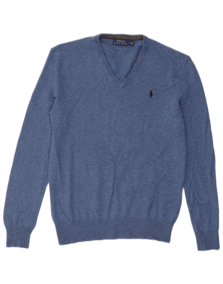 Suéter masculino Polo Ralph Lauren com decote em V de lã azul médio