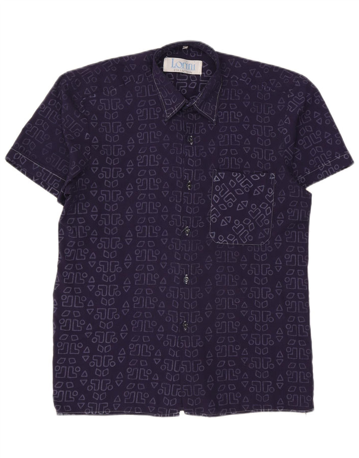 Camisa gráfica masculina vintage tamanho 39/40 médio azul marinho geométrico