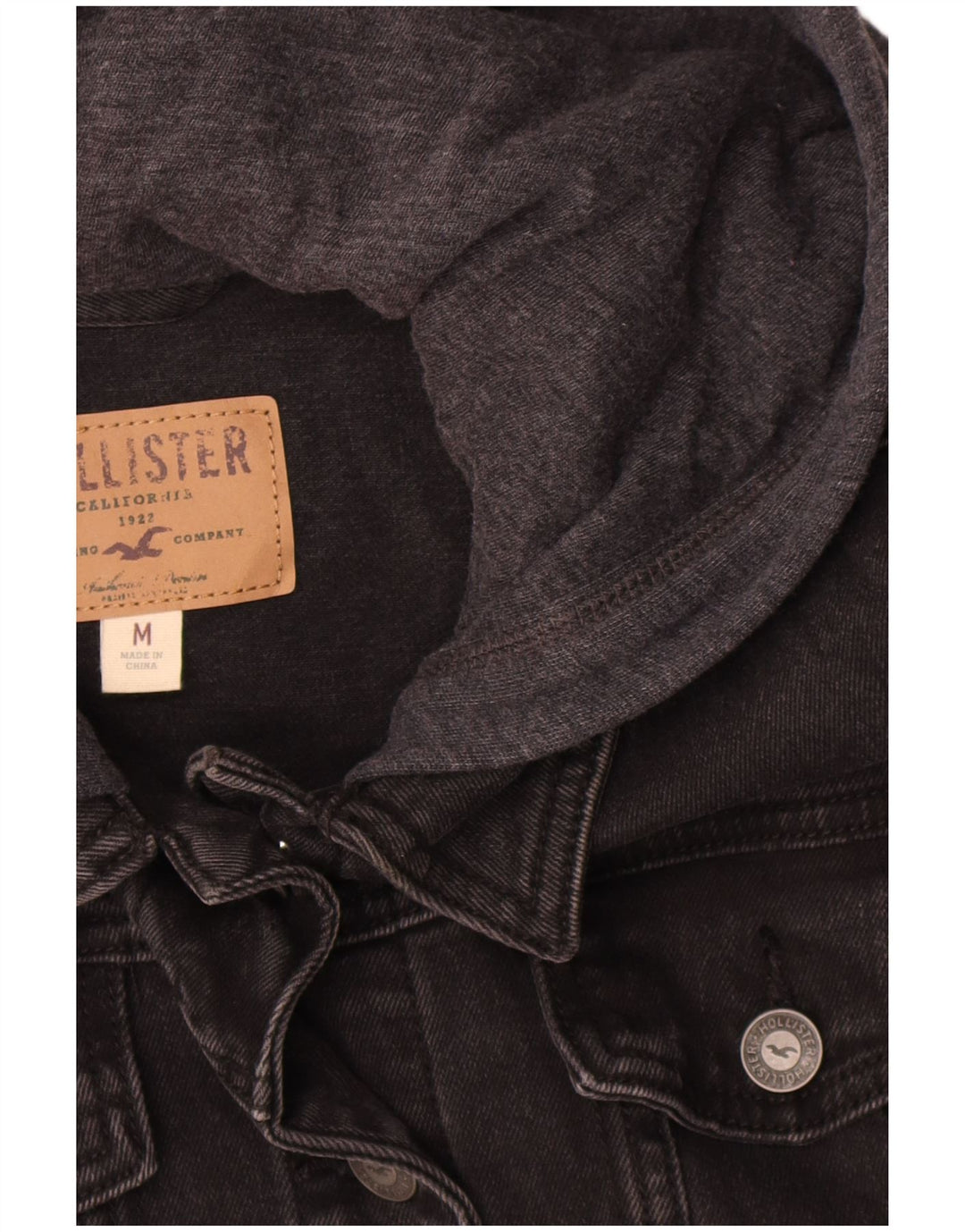 Jaqueta jeans feminina com capuz Hollister UK 14 cinza médio colorblock