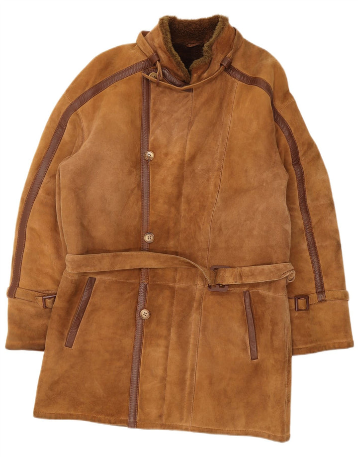 Sobretudo masculino vintage de shearling UK 36 pequeno marrom