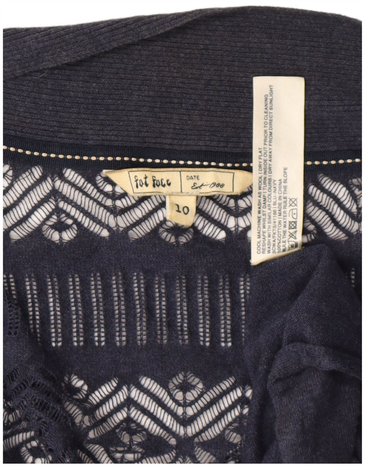 Suéter assimétrico de cardigã feminino Fat Face Reino Unido 10 algodão azul marinho pequeno