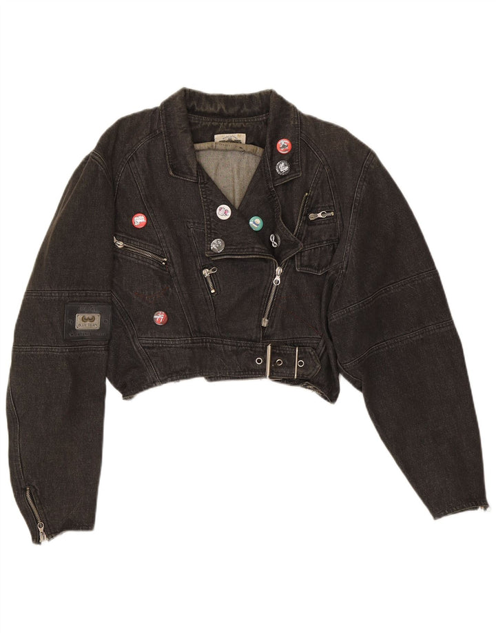 Jaqueta jeans feminina vintage de grandes dimensões para motociclista Reino Unido 14 algodão preto médio