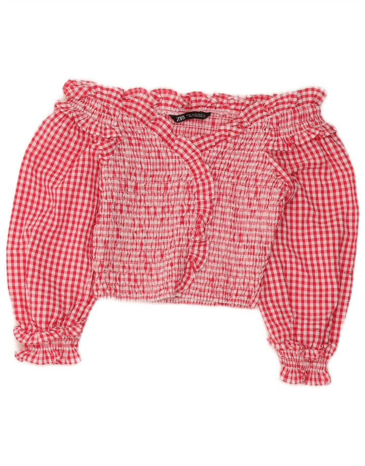 Zara Womens Crop 3/4 Manga Off Top UK 4 XS Vermelho Gingham Poliéster