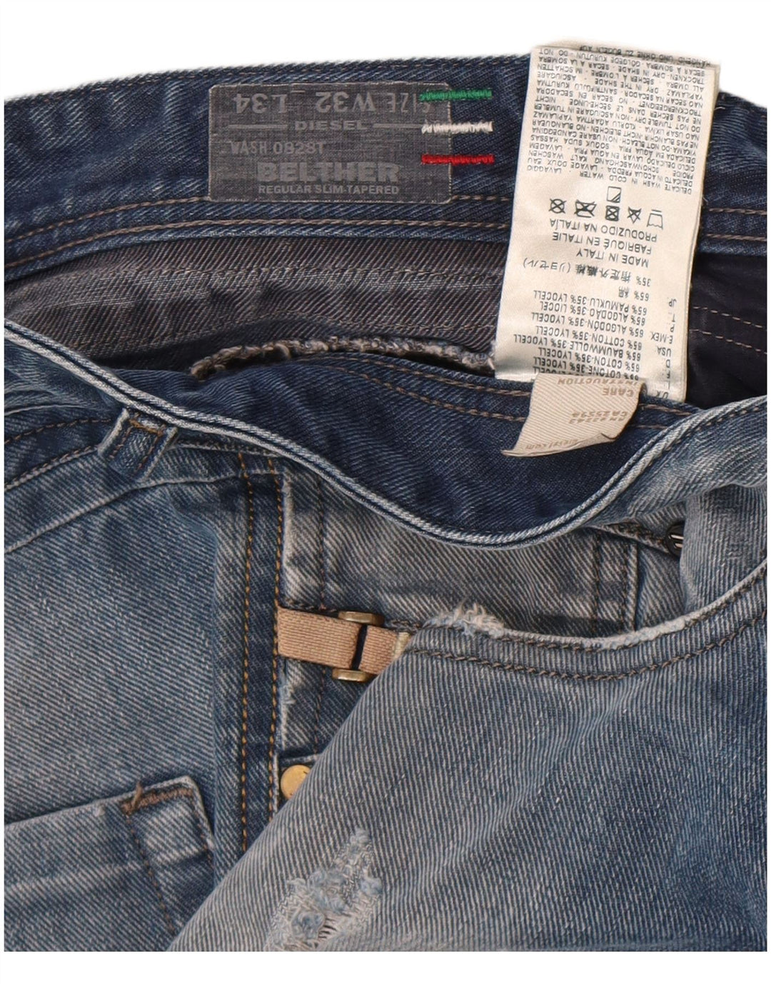 Diesel masculino Belther jeans reto desgastado W32 L34 algodão azul