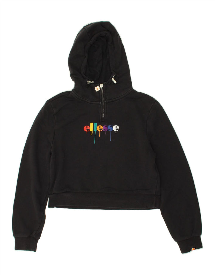 ELLESSE Womens Crop Zip Neck Hoodie Jumper UK 10 Small Black Cotton Vintage Ellesse and Second-Hand Ellesse from Messina Hembry 
