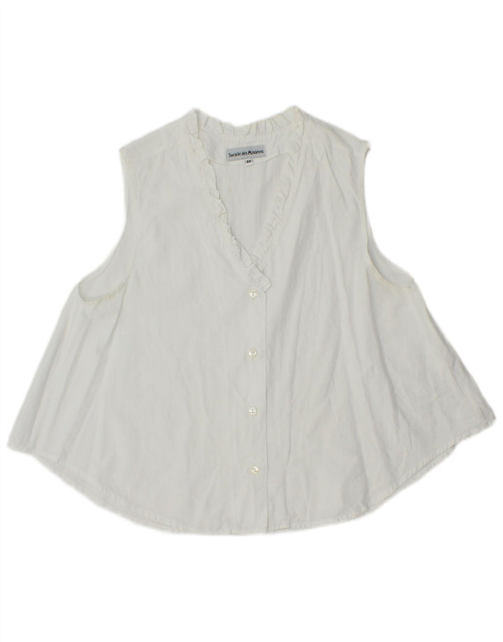 Blusa feminina vintage sem mangas com babados na frente Reino Unido 14 médio branco