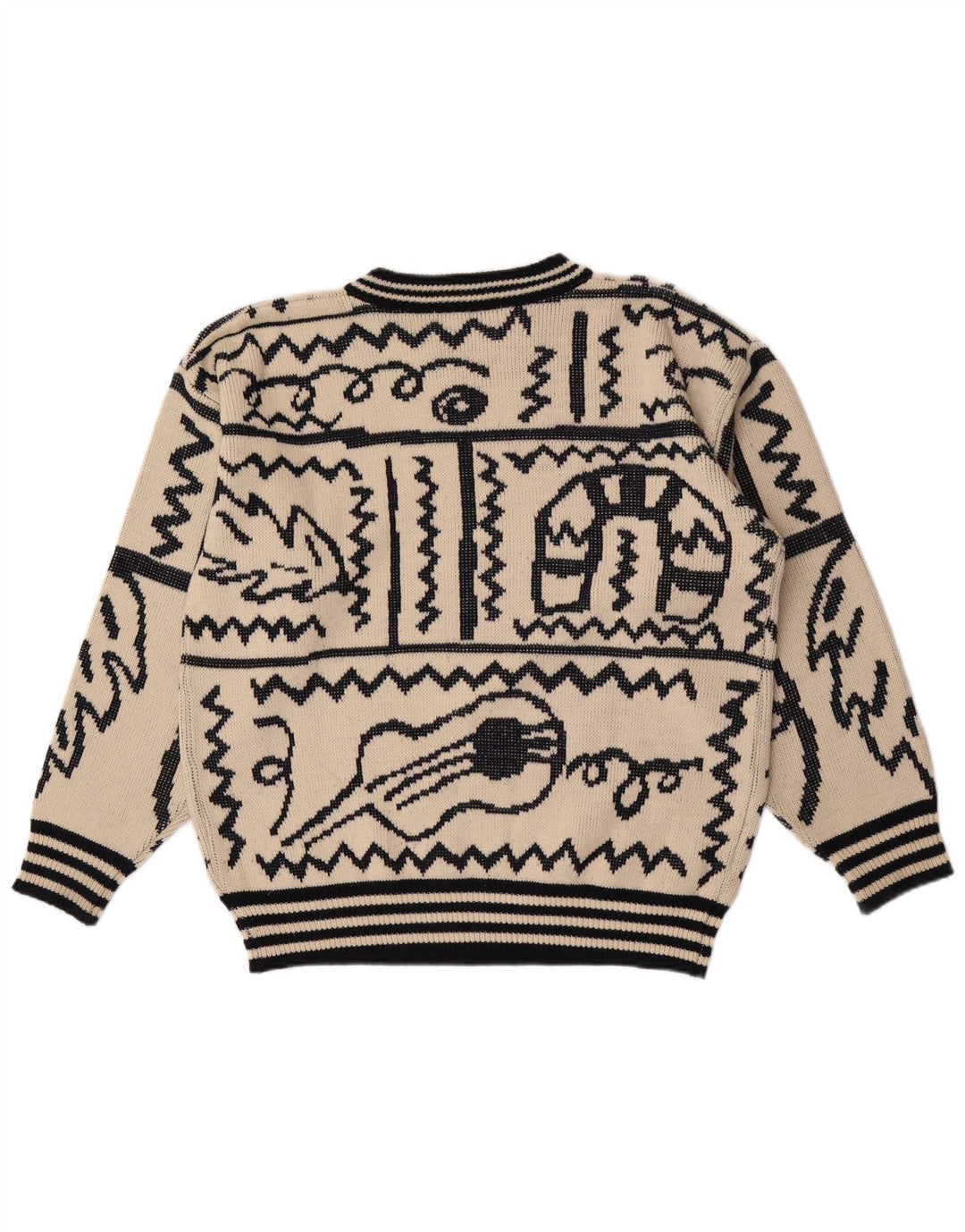 Suéter vintage masculino abstrato Padrão com gola redonda grande bege