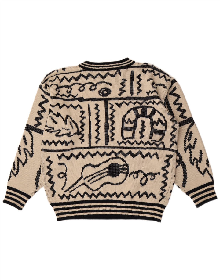Suéter vintage masculino abstrato Padrão com gola redonda grande bege