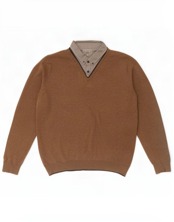 Suéter masculino Marks & Spencer com ajuste regular e decote em V, grande algodão marrom