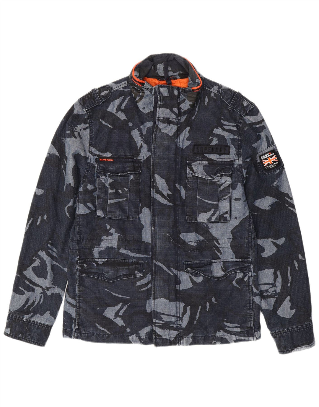 Jaqueta militar masculina SUPERDRY Reino Unido 40 grande algodão camuflado azul marinho