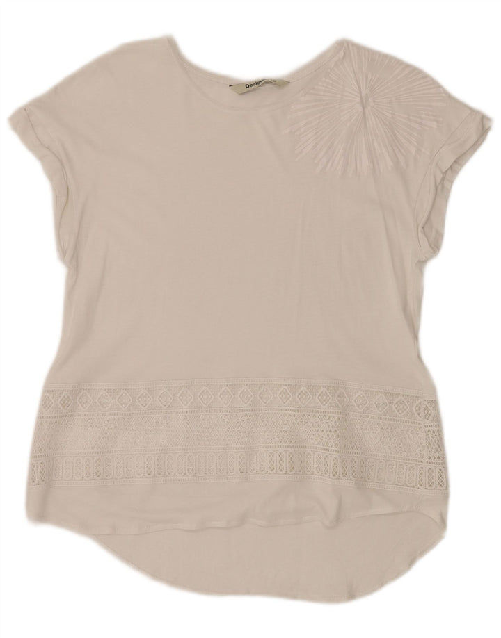 DESIGUAL blusa feminina gráfica top UK 12 médio branco geométrico