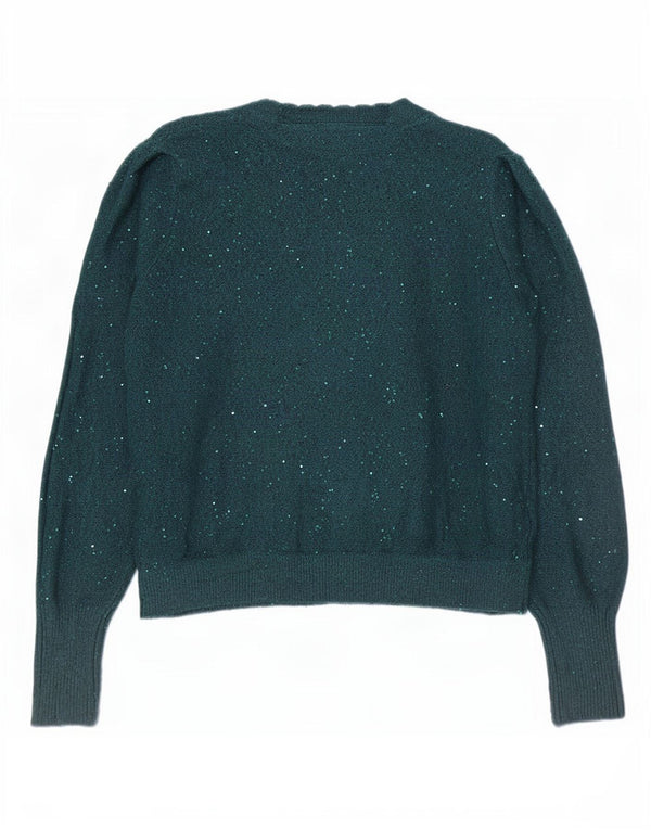 Suéter feminino grande com decote em V Fat Face UK 10 pequeno verde manchado