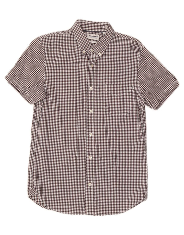 Camisa masculina Timberland manga curta slim fit pequena marrom algodão guingão