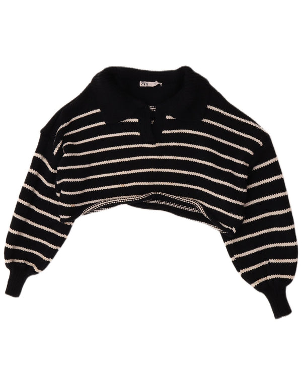 Zara Suéter feminino cropped com gola polo Reino Unido 10 pequeno listrado azul marinho