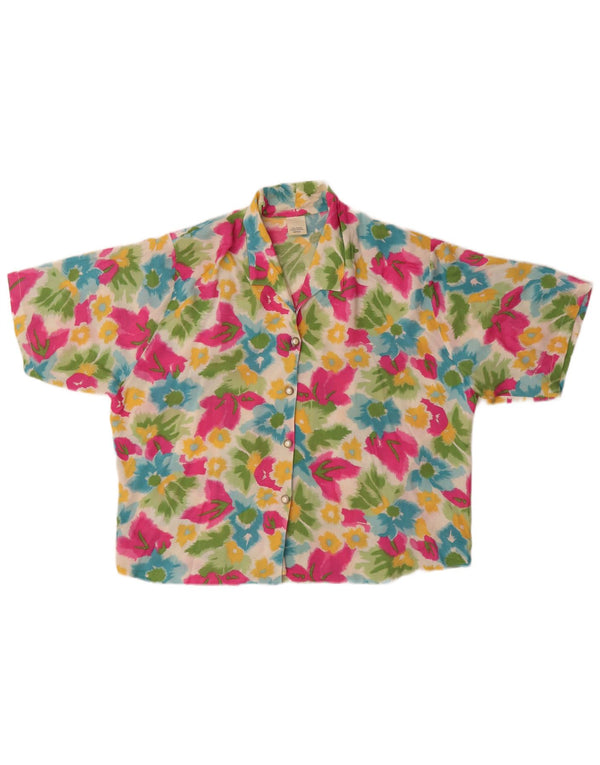 Camisa feminina vintage de manga curta UK 18 XL viscose floral multicolorida