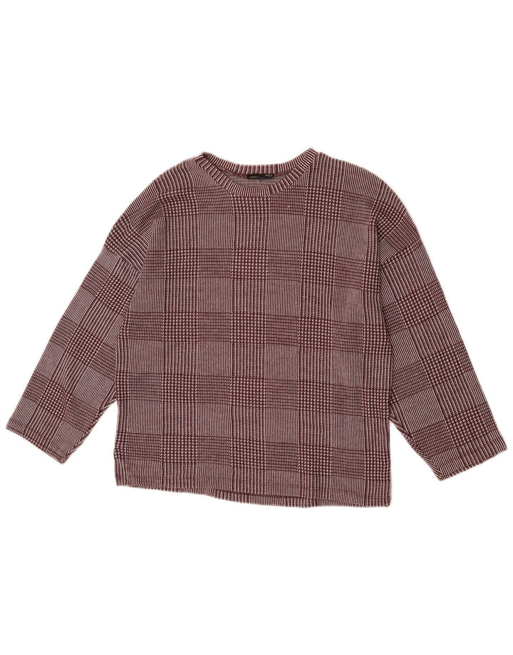 Top feminino Zara manga 3/4 Reino Unido 14 xadrez médio borgonha