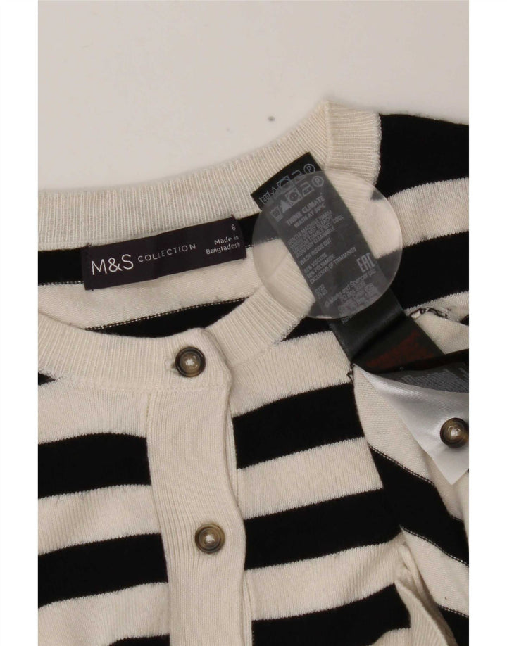 Suéter cardigã feminino Marks & Spencer Reino Unido 8 viscose listrada preta pequena