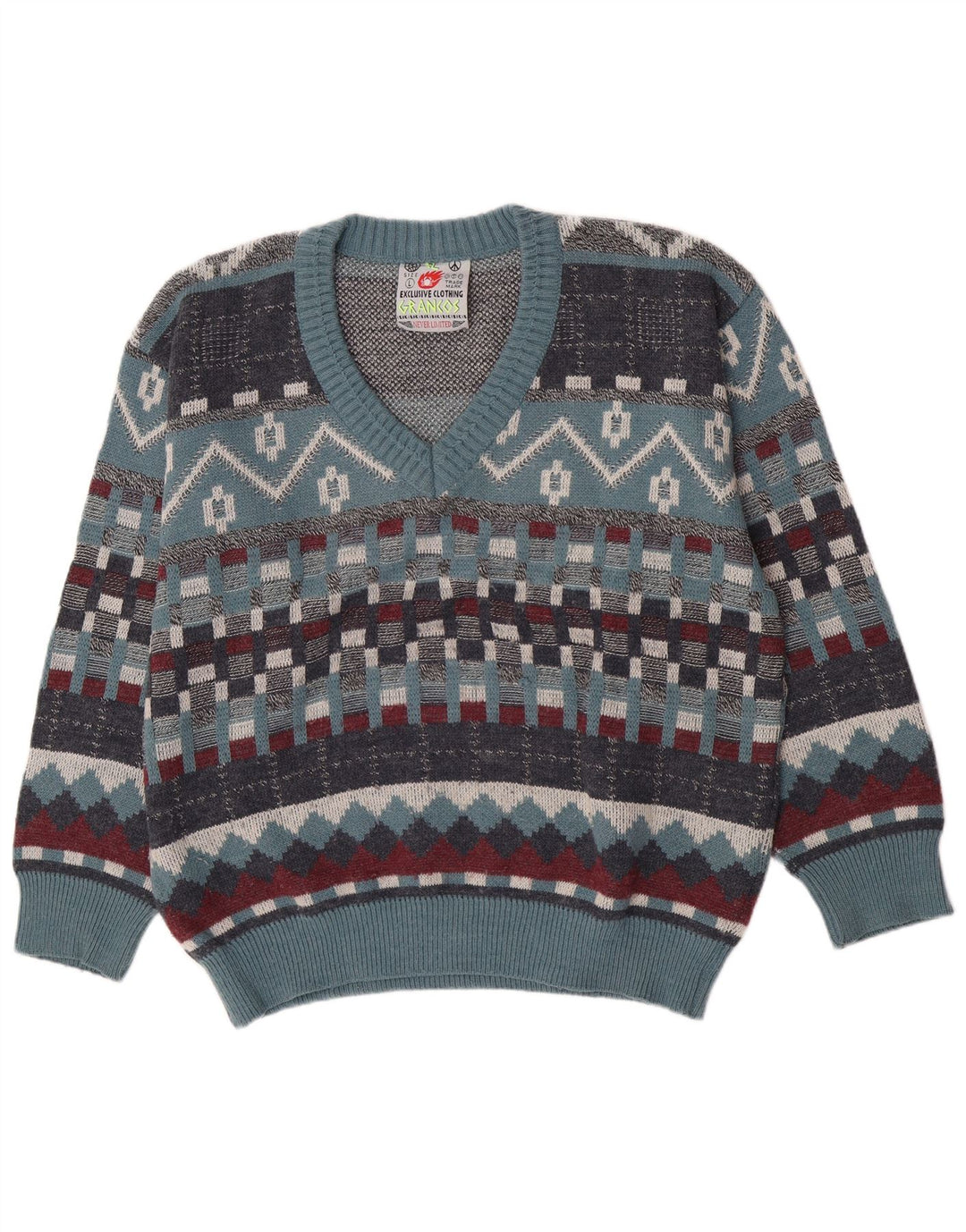 Suéter masculino vintage com decote em V grande lã geométrica azul