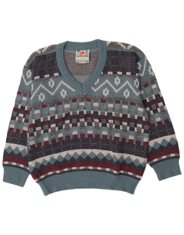 Suéter masculino vintage com decote em V grande lã geométrica azul