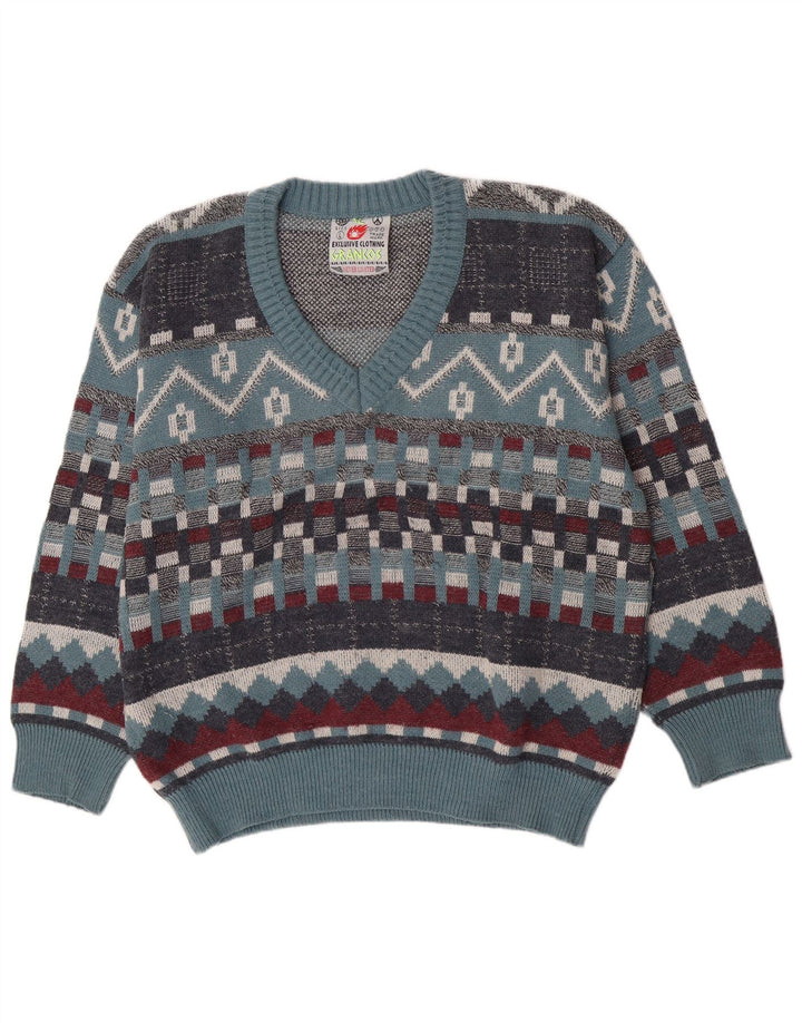 Suéter masculino vintage com decote em V grande lã geométrica azul