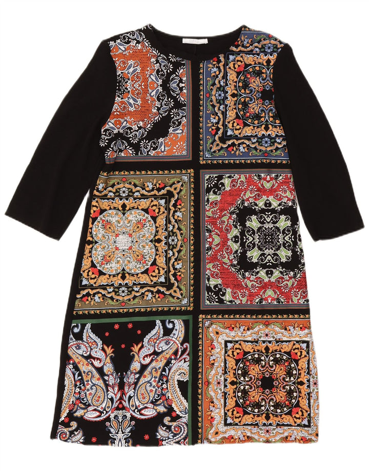 Vestido kaftan feminino Zara manga 3/4 UK 12 médio preto patchwork