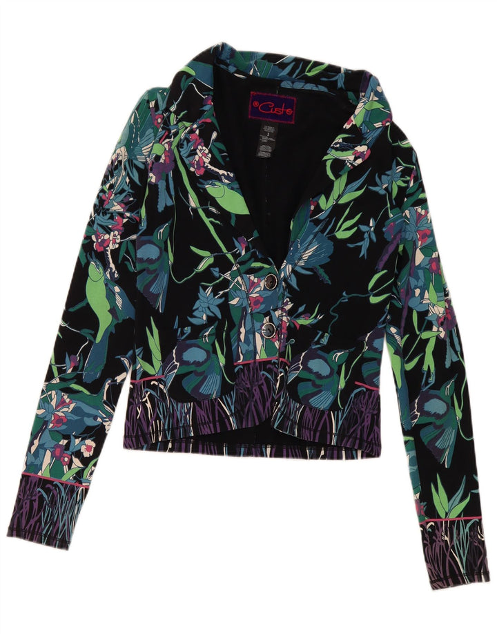 Blazer feminino Custo Barcelona com 2 botões tamanho 3 XS preto floral algodão