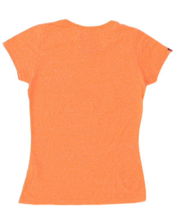 Camiseta feminina SUPERDRY com estampa gráfica UK 12 poliéster manchado laranja médio