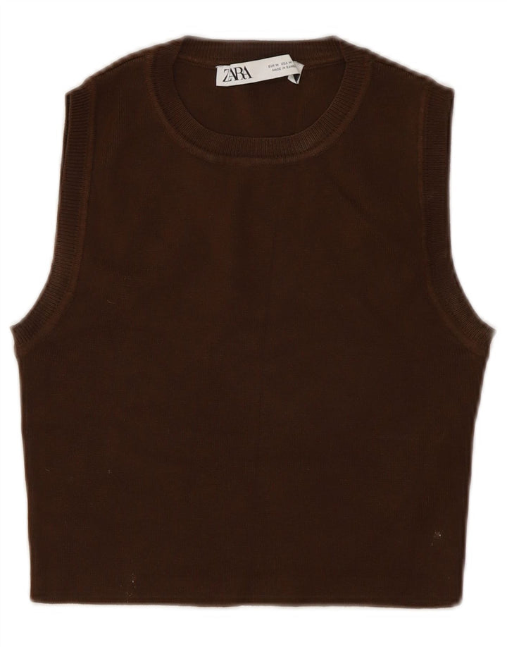 Zara Top curto sem mangas feminino UK 12 viscose marrom médio