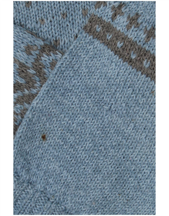 Suéter masculino vintage com gola canoa grande azul Fair Isle