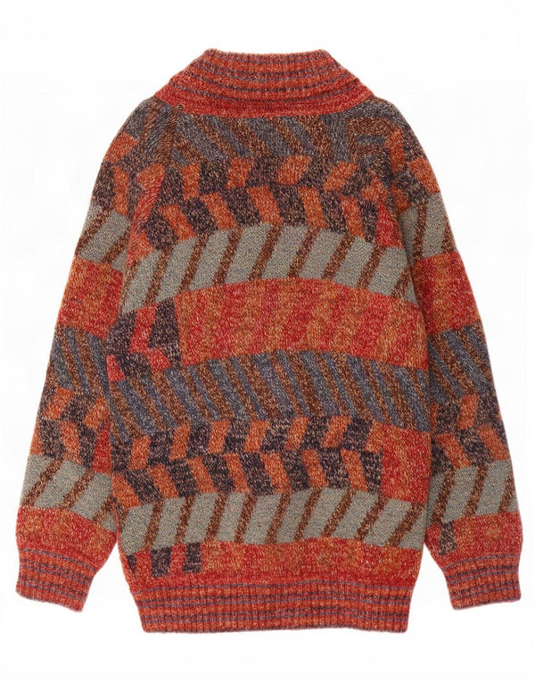 Suéter vintage masculino longline cardigan grande lã geométrica multicolorida