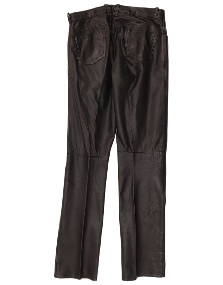 Calça feminina reta de couro Barone W30 L33 preta