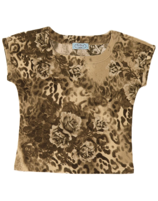 Camiseta feminina vintage com estampa gráfica UK 12 poliéster floral cáqui médio