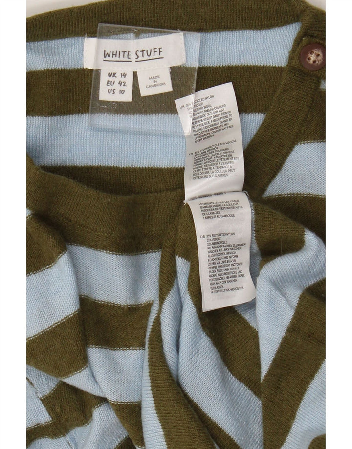 Suéter feminino com gola redonda White Stuff Reino Unido 14 grande listrado azul de nylon
