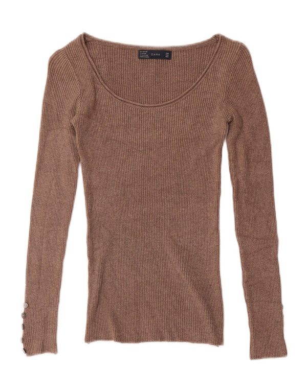 Top feminino Zara manga comprida UK 4 XS algodão marrom